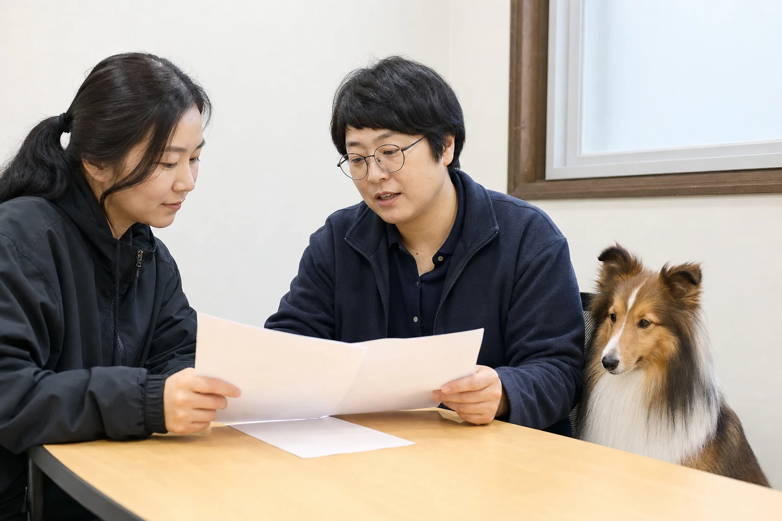 조용한 입양 상담실에서 두 사람이 글자 없는 건강검사 원본 서류와 옆에 앉은 후보 셔틀랜드 쉽독을 함께 대조하는 모습