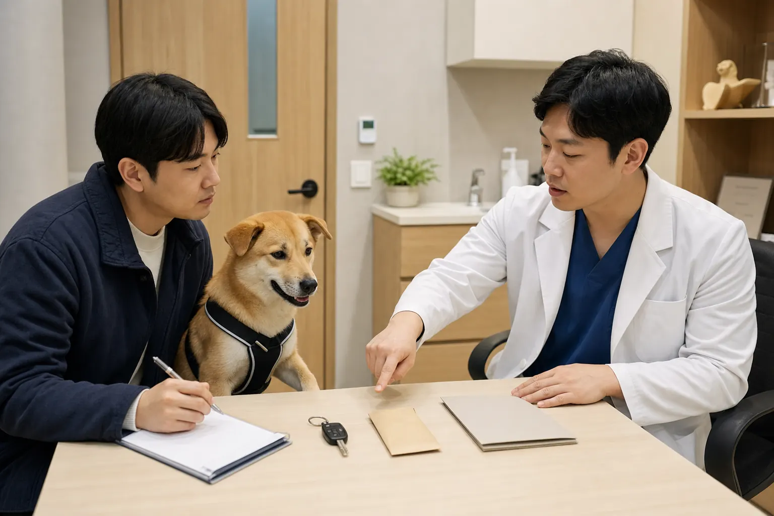 동물병원에서 보호자와 수의사가 비상 진료 계획을 확인하는 모습