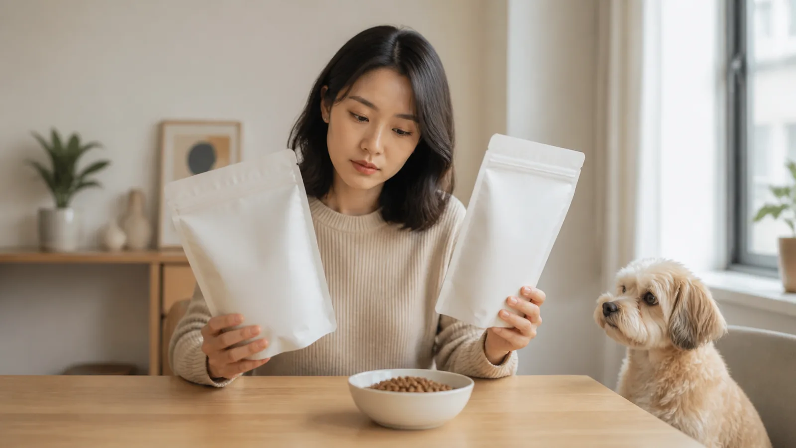 보호자가 무표시 사료 봉투 두 개의 라벨을 비교하고 옆에서 강아지가 기다리는 모습