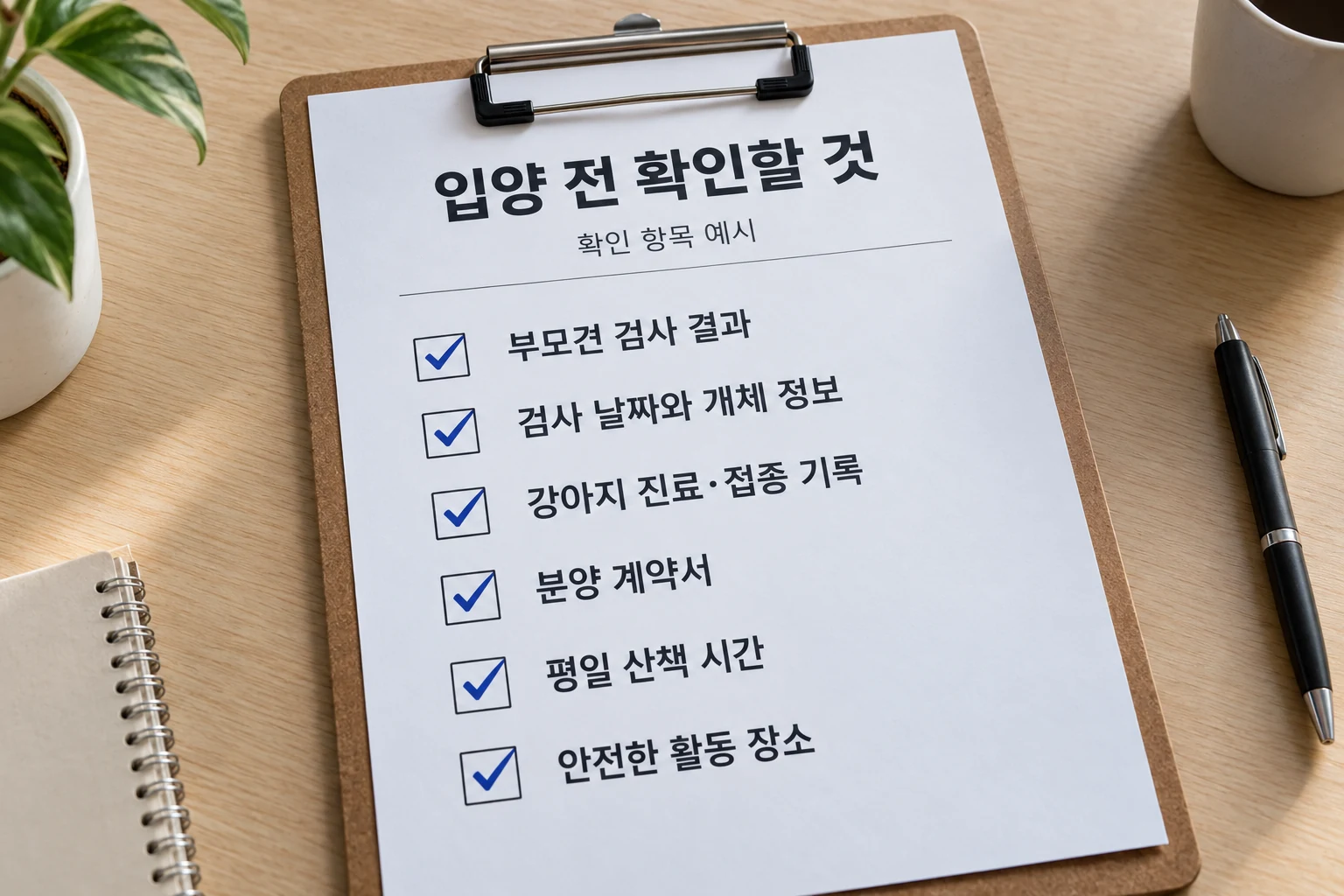 부모견 검사 결과와 강아지 기록 등 여섯 입양 확인 항목이 적힌 AI 생성 체크리스트