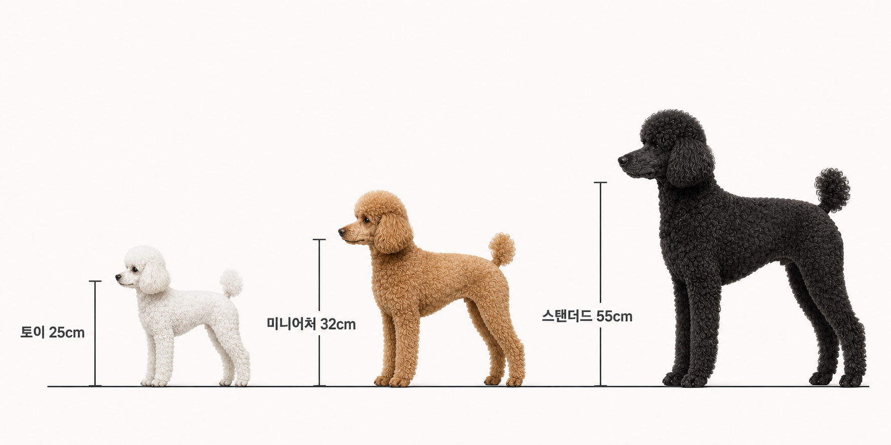 바닥부터 어깨 최고점까지 비교한 토이·미니어처·스탠더드 푸들의 대표 체고