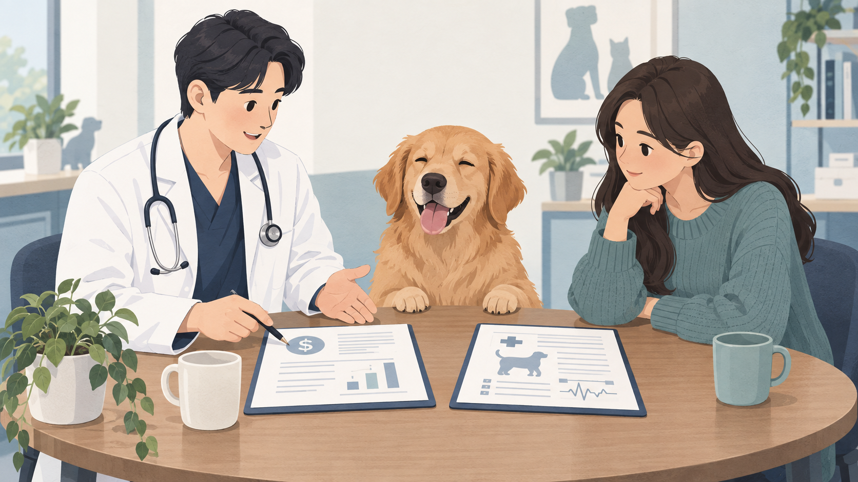반려견을 중심에 두고 보호자와 수의사가 진료비와 진료기록 쟁점을 함께 검토하는 모습