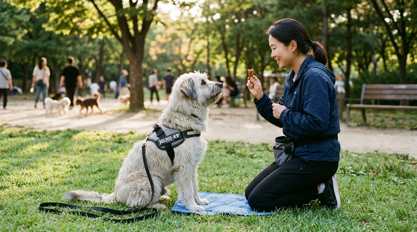 보호자와 긍정 강화 사회화 교육을 진행하며 신뢰와 집중을 보이는 삽살개의 표정과 눈빛