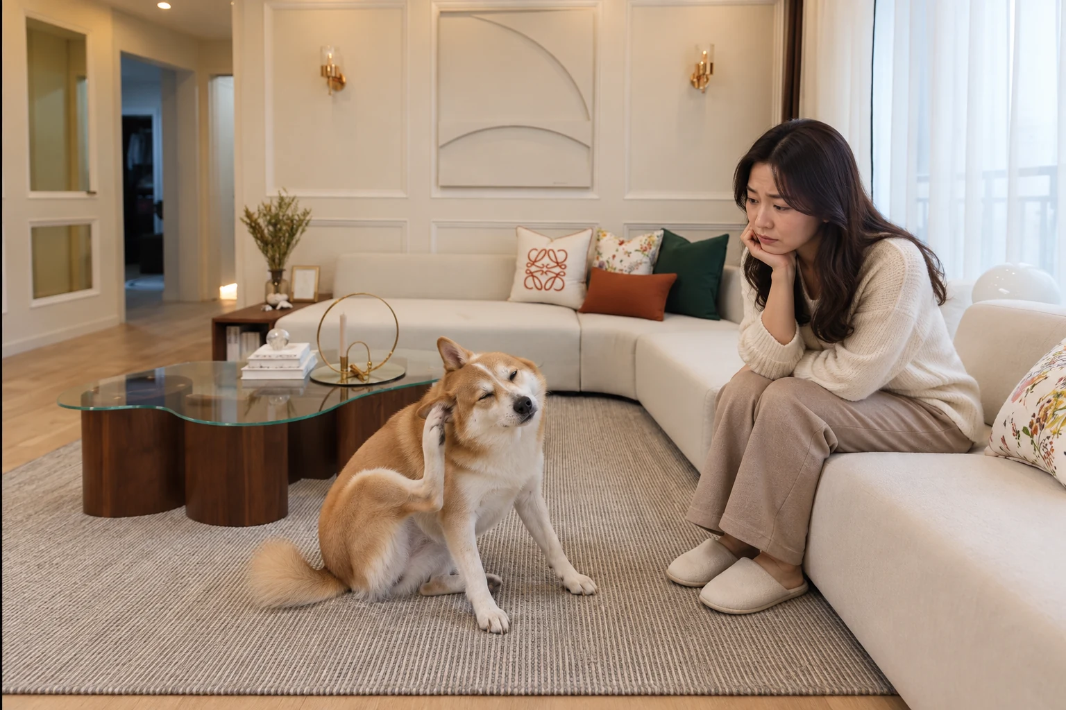 한쪽 귀를 긁는 강아지를 떨어져서 관찰하는 보호자