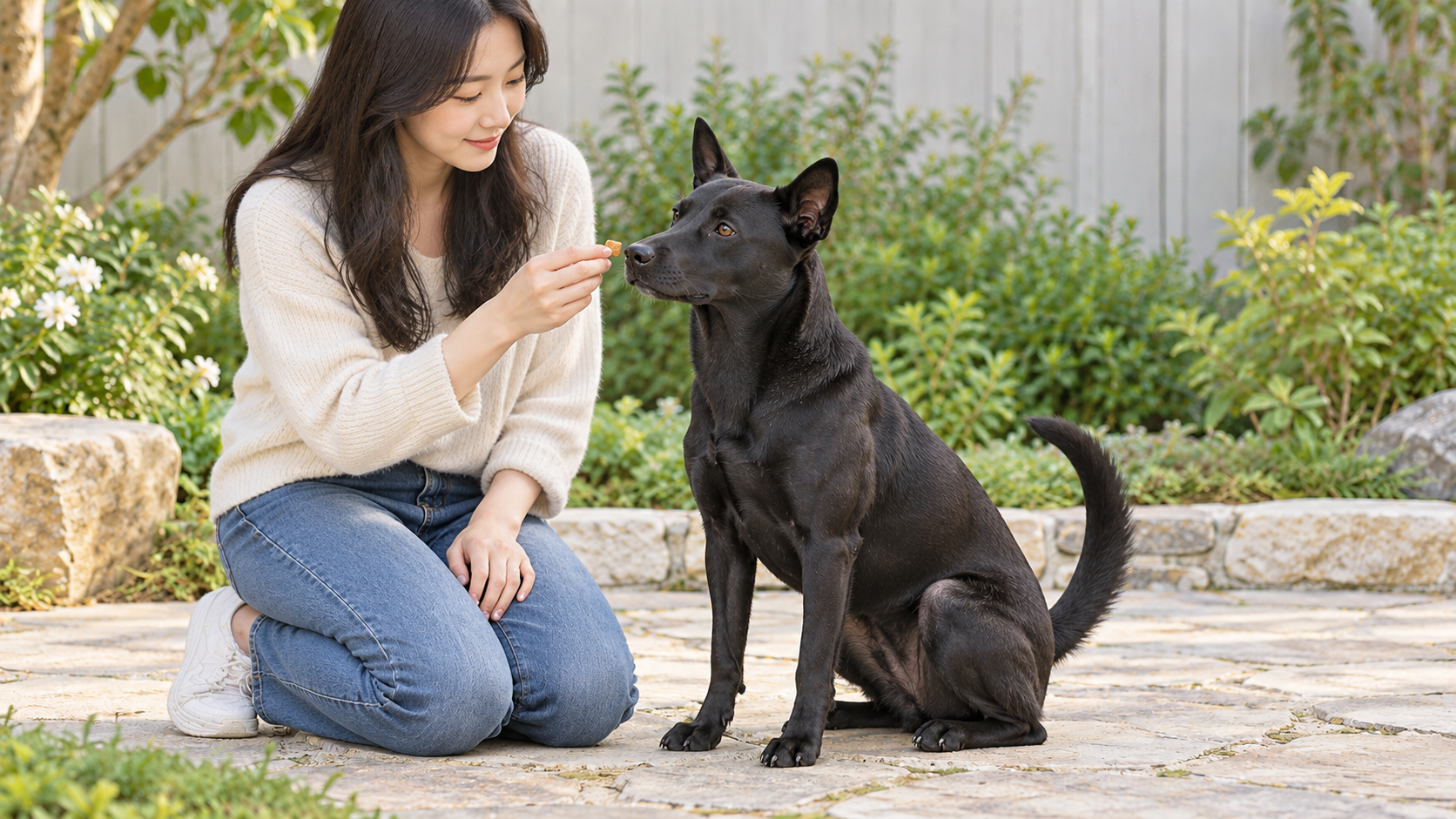보호자가 자신에게 주의를 돌린 타이완 도그에게 작은 간식으로 보상한다.