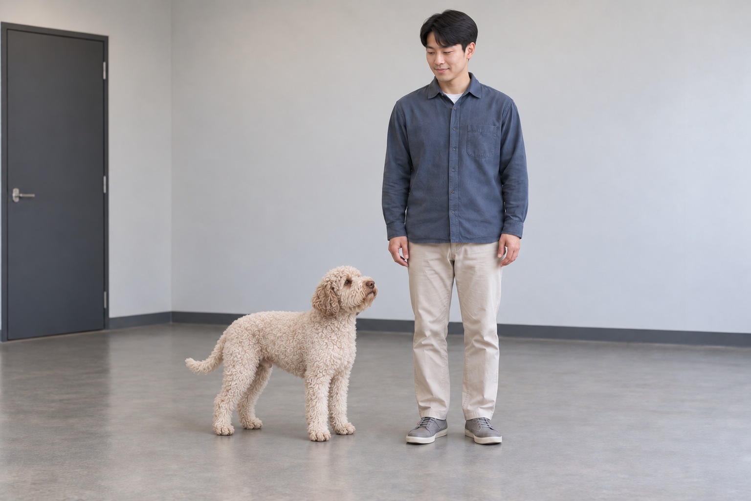 성인 보호자와 같은 바닥에 나란히 선 미색 곱슬털 라고토 로마뇰로 성견의 전신