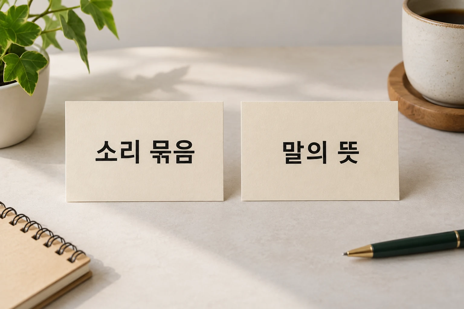 소리 묶음과 말의 뜻이라고 각각 적힌 두 장의 카드