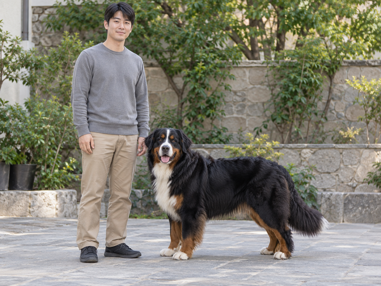 같은 바닥에 나란히 선 회색 상의 성인 남성과 긴 삼색 털의 버니즈 전신