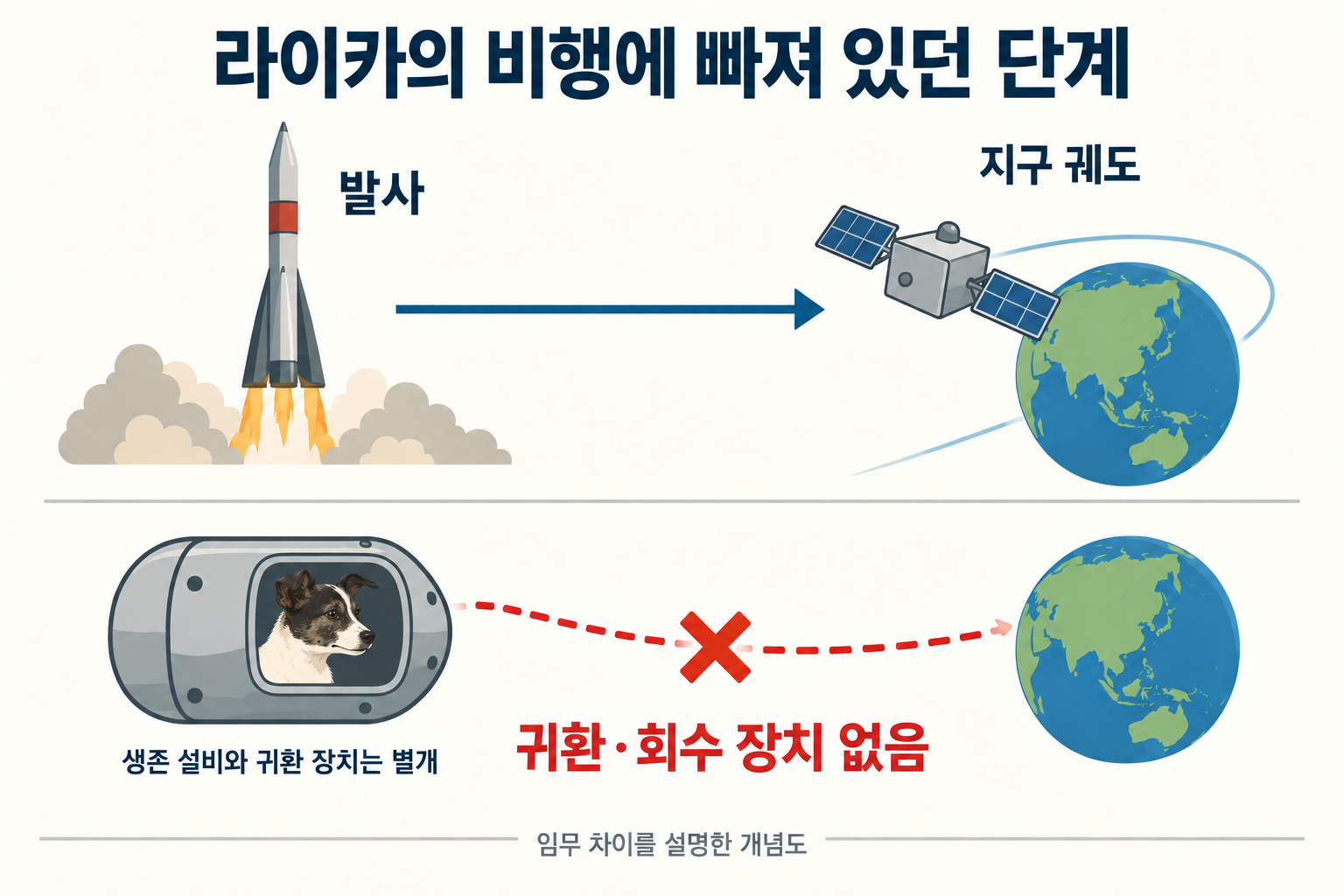 발사와 지구 궤도 진입 경로는 이어지지만 귀환과 회수 단계는 빠져 있음을 보여 주는 임무 개념도.