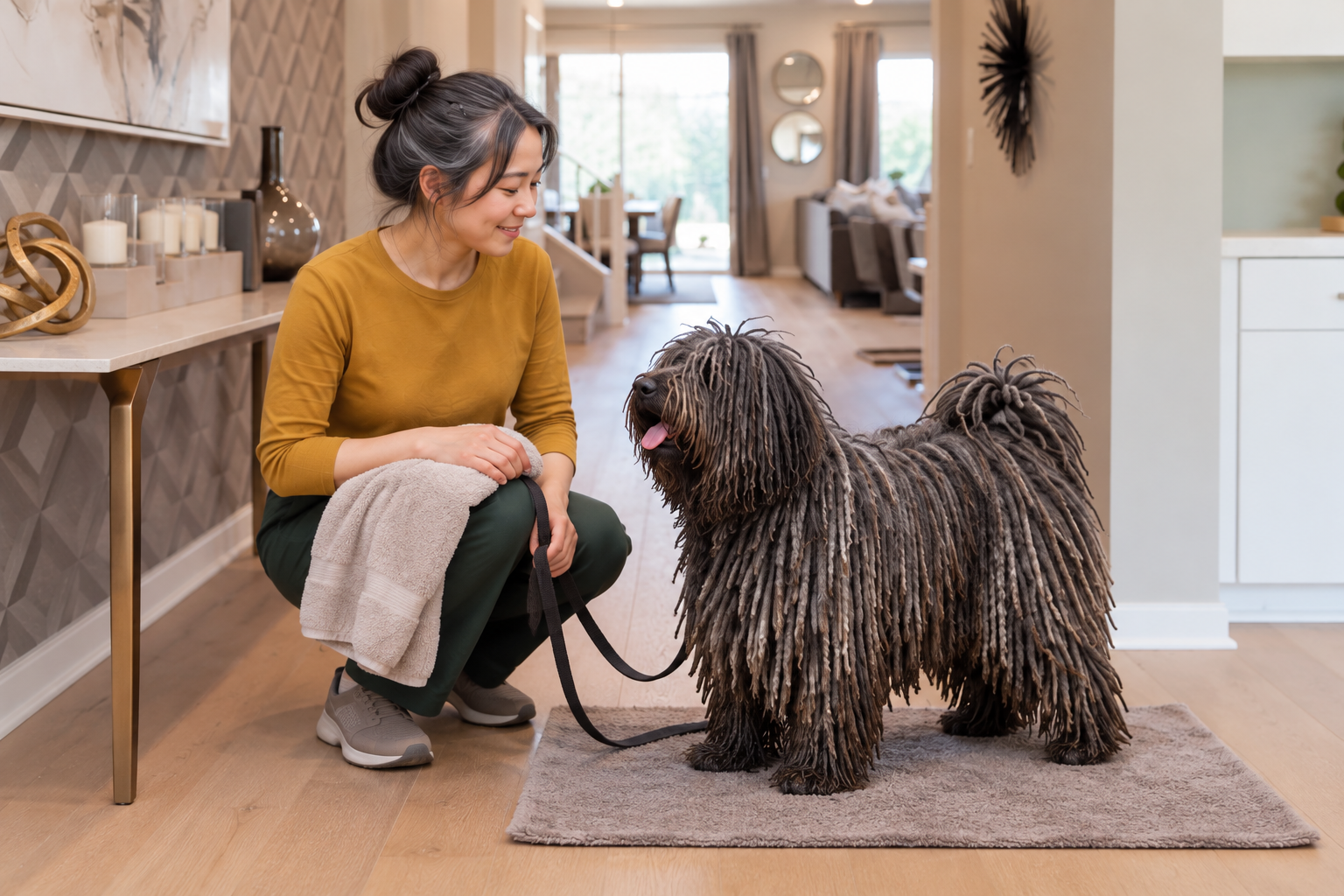 비 뒤 젖은 털줄기를 살피며 돌봄을 준비하는 보호자와 풀리