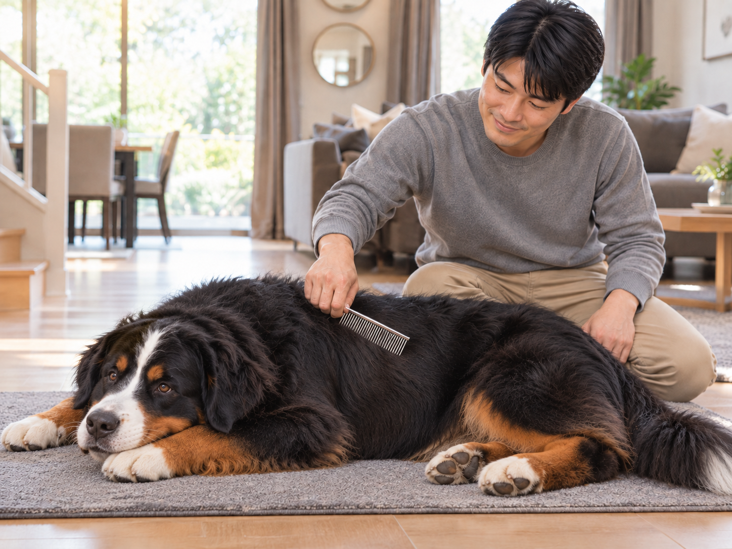 옆으로 누운 버니즈의 어깨와 옆몸 긴 털에 금속 콤을 가볍게 대는 보호자의 손